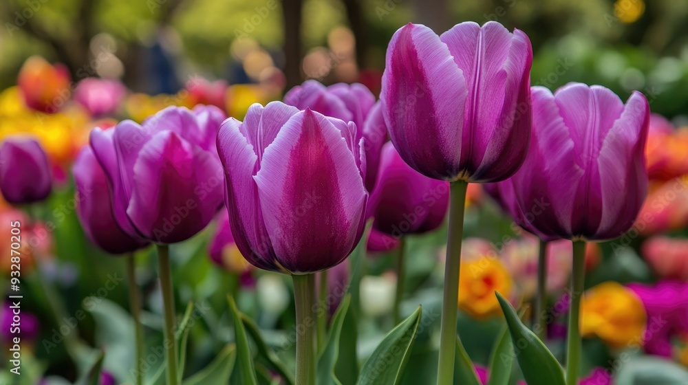 Obraz premium Purple tulips in a garden, vibrant and cheerful, springtime floral display