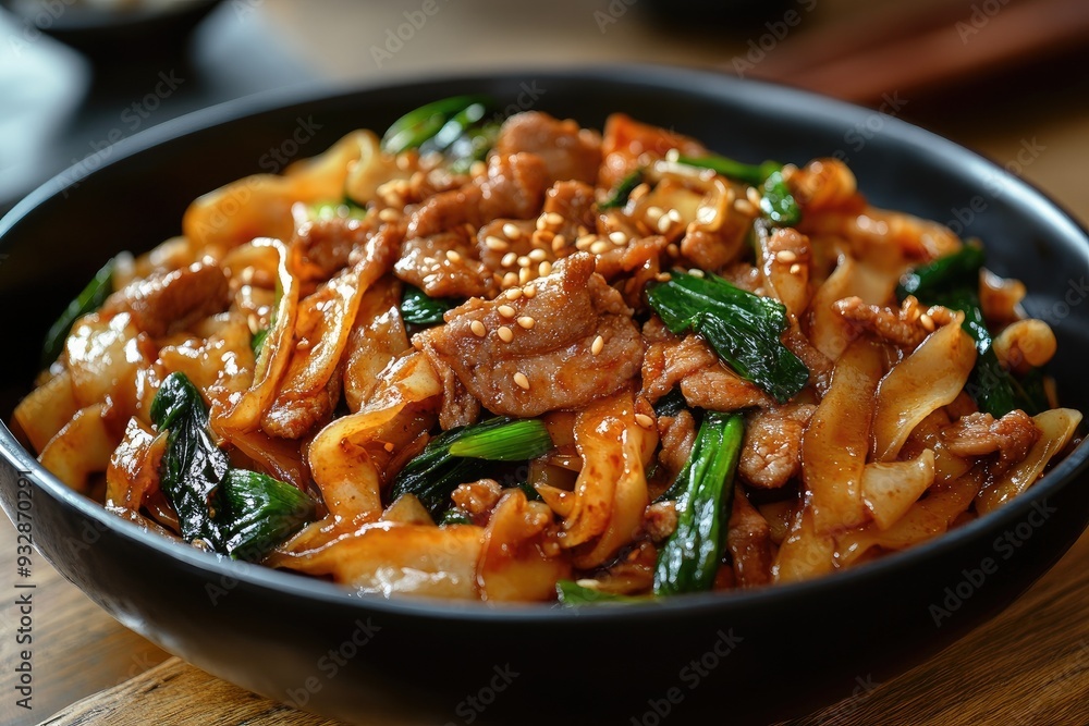 Spicy chicken pad see ew noodles with bok choy in black bowl Spicy chicken pad see ew noodles with bok choy in black bowl