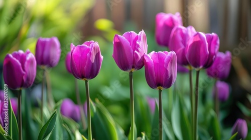 Purple tulips in a garden, vibrant and cheerful, springtime floral display