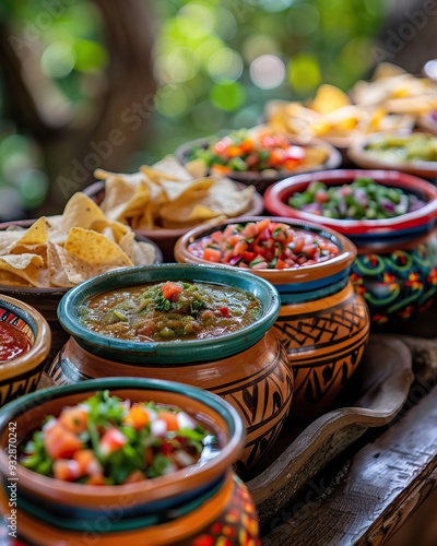 Assorted Mexican appetizers in colorful bowls Salsas guacamole pico de gallo Tortilla chips Wooden table Traditional cuisine Festive spread Variety