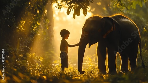 Silhouette of little boy stand and touch leg of elephant with sunlight shine through tree in forest in concept of good relationship between human and wildlife animal : Generative AI