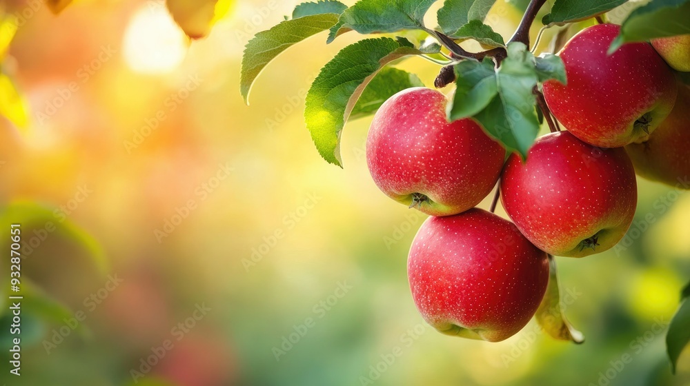 Obraz premium Red apples hanging from a tree, ripe and ready to pick, autumn harvest