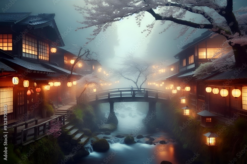 Fototapeta premium Calm and Cultured Japanese Village Enveloped in Mist: A Serene Scenic View Capturing the Essence of Tranquil Rural Japan