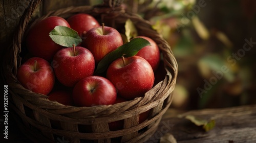 Red apples in a wooden basket, fresh and inviting, harvest season bounty -