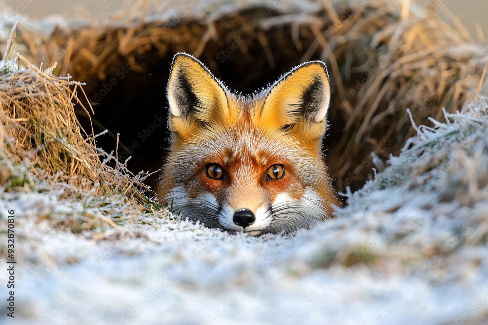 Fototapeta premium A red fox peering from its burrow on a frosty morning, showcasing curiosity and survival instincts, Generated AI