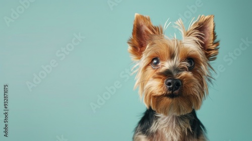 A Yorkshire Terrier dog sits poised against a light blue background, showcasing its captivating eyes and providing ample copy space for creative designs or messages.