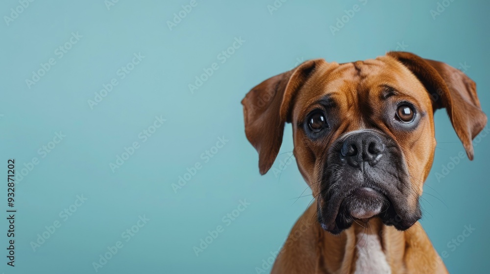 A focused Boxer dog stands against an empty light blue background, highlighting its expressive eyes and creating a peaceful atmosphere for potential artistic or commercial use. A focused Boxer dog stands against an empty light blue background, highlighting its expressive eyes and creating a peaceful atmosphere for potential artistic or commercial use.