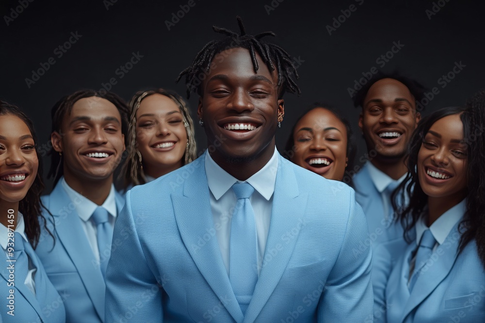 A confident young man in a light blue suit surrounded by friends in similar attire smiling proudly in a studio setting representing success friendship and celebration of a significant achievement A confident young man in a light blue suit surrounded by friends in similar attire smiling proudly in a studio setting representing success friendship and celebration of a significant achievement
