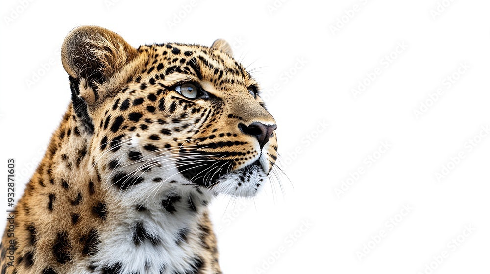 Fototapeta premium Portrait of leopard standing a looking away proudly Panthera pardus against white background : Generative AI