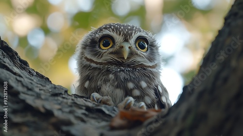 Beautiful little owl in the wild Athene noctua A young owl chick : Generative AI photo