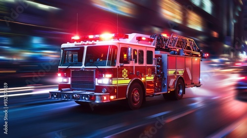 Red fire truck speeding down the street, emergency response, heroism in action