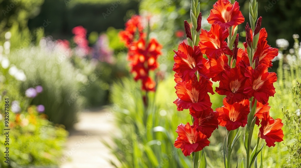 Obraz premium Red gladiolus flowers in a garden, bold and beautiful, summer floral display