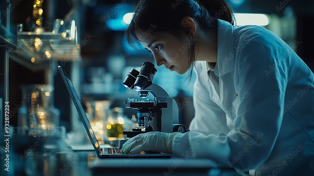 Science microscope and laptop in lab with research for sample analysis medical experiment or DNA testing Scientist woman or expert with tech equipment for gene editing or healthcare br : Generative AI Science microscope and laptop in lab with research for sample analysis medical experiment or DNA testing Scientist woman or expert with tech equipment for gene editing or healthcare br : Generative AI