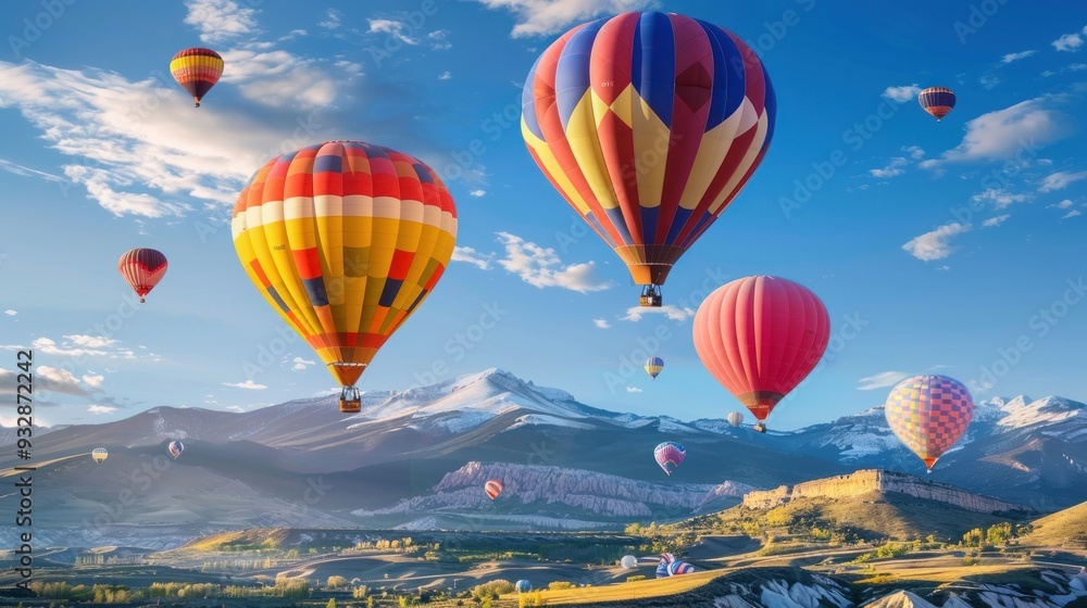 Fototapeta premium Hot Air Balloons Soaring Over Mountainous Landscape