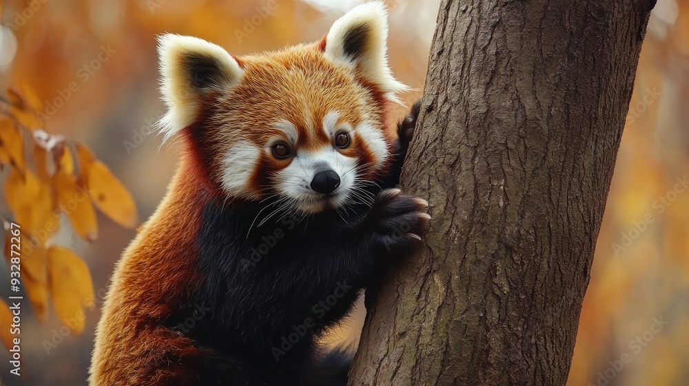 Obraz premium Red panda climbing a tree, cute and endangered, wildlife conservation effort