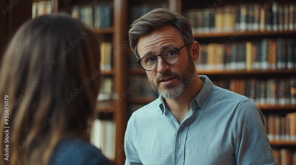 Professor explaining student in library at university : Generative AI Professor explaining student in library at university : Generative AI