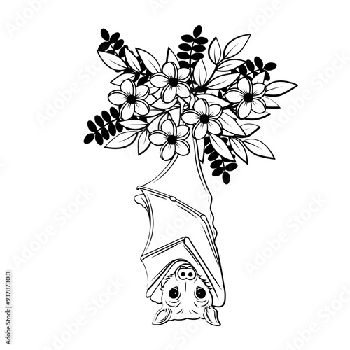 Bat | Hanging Bat with Flower | Flower Bat | Floral Bat | Wild Animal | Halloween | Wildlife | Bat with Flowers | Original Illustration | Vector and Clipart | Cutfile and Stencil