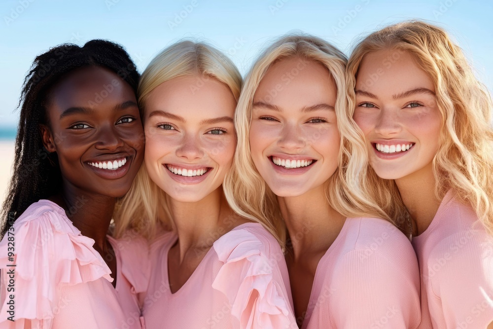 A sunlit and joyful portrait of blonde women smiling warmly together in a coastal setting embodying the happiness togetherness and carefree spirit of a seaside adventure A sunlit and joyful portrait of blonde women smiling warmly together in a coastal setting embodying the happiness togetherness and carefree spirit of a seaside adventure