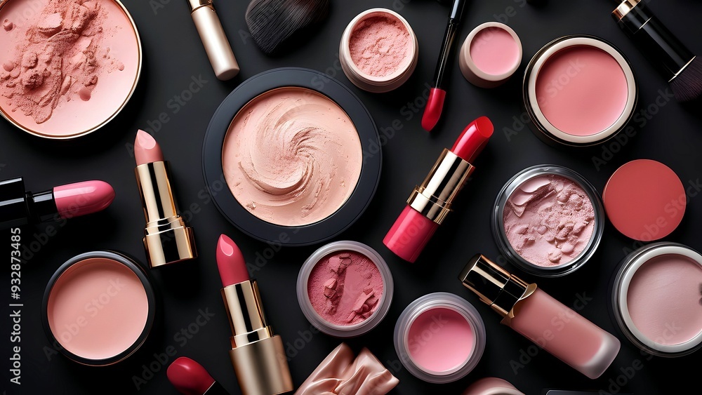 Fototapeta Elegant cosmetic products, still-life of luxurious isolated on dark black background , palette of colors for stylish woman beauty, powder lipstick brush and cream, beauty products packaging design