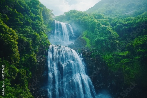 Waterfall cascading down a lush green cliff