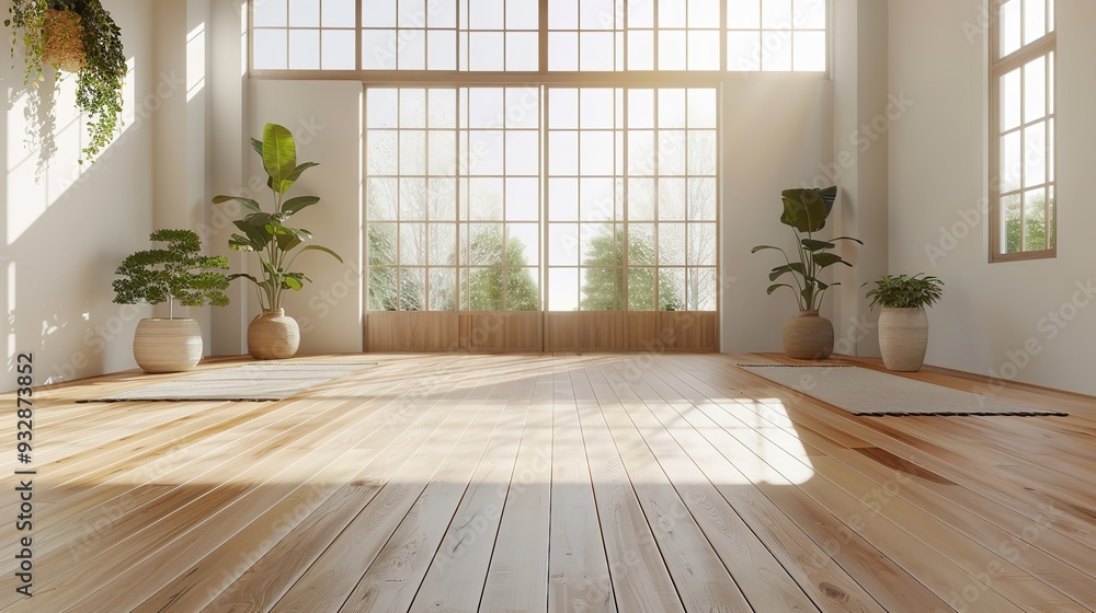 Light-filled, spacious yoga studio with wooden floors. Generative Ai Light-filled, spacious yoga studio with wooden floors. Generative Ai