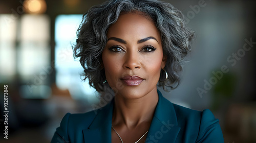 Portrait of a confident woman with grey hair, looking directly at the camera.