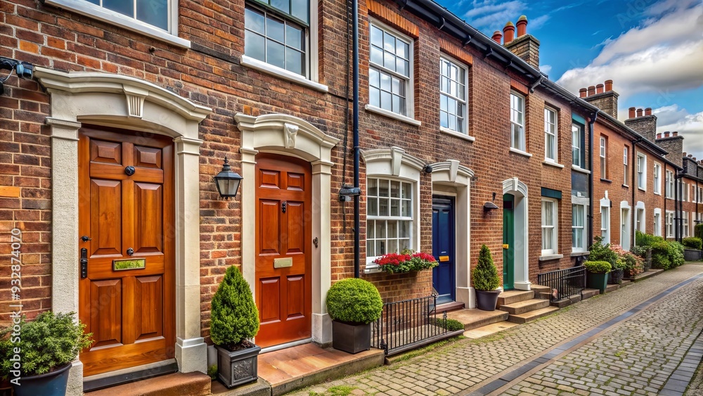 Row of houses with unique front doors on peaceful street Row of houses with unique front doors on peaceful street