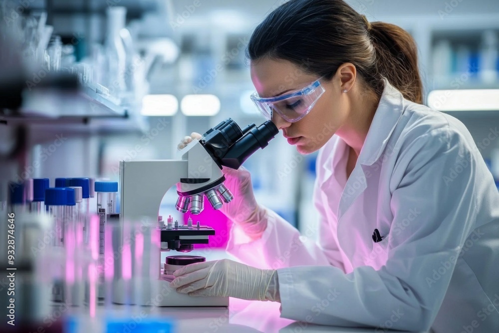 A Female Scientist Diligently Working with Microscope in a Modern HighTech Laboratory Setting A Female Scientist Diligently Working with Microscope in a Modern HighTech Laboratory Setting