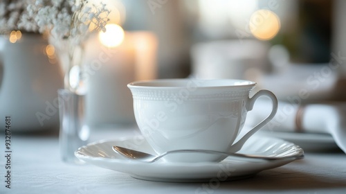 White porcelain teacup on a saucer, classic and elegant, afternoon tea setting