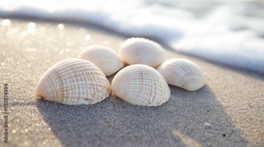 White seashells on a sandy beach, natural and beautiful, coastal treasures White seashells on a sandy beach, natural and beautiful, coastal treasures