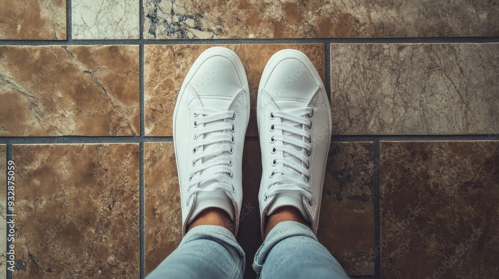 White sneakers on a clean floor, simple and modern, casual footwear fashion White sneakers on a clean floor, simple and modern, casual footwear fashion