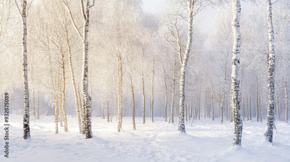 White snow-capped trees in a forest, peaceful and serene, winter landscape White snow-capped trees in a forest, peaceful and serene, winter landscape