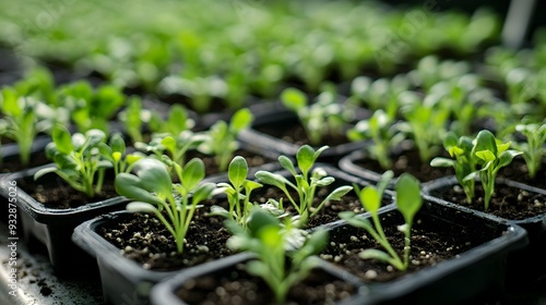 Small organic vegetable seedlings growing in trays inside a warm nurturing nursery  The tender young sprouts are freshly sprouting from the soil
