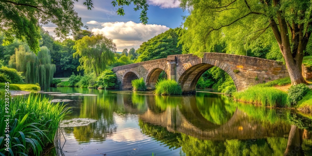 Fototapeta premium Tranquil riverside walk featuring lush greenery and picturesque old stone bridges, Tranquil, Riverside, Walk