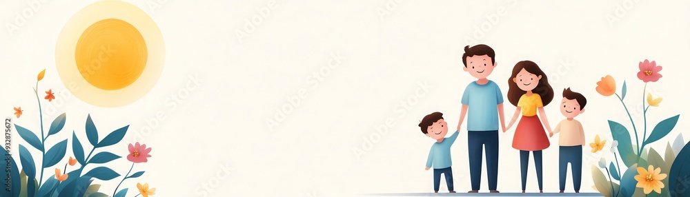 Illustration of a happy family in nature under a bright sun. A colorful and cheerful image perfect for family and nature themes. Illustration of a happy family in nature under a bright sun. A colorful and cheerful image perfect for family and nature themes.