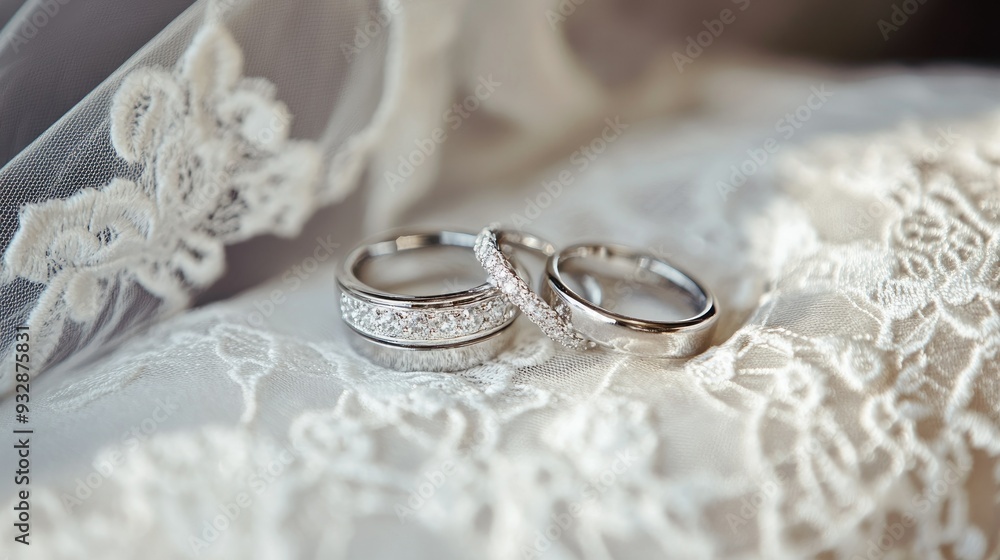 White wedding rings on a lace pillow, elegant and symbolic, eternal love White wedding rings on a lace pillow, elegant and symbolic, eternal love