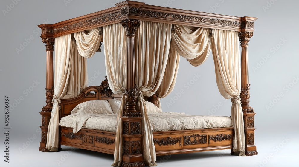 Watercolor antique four-poster bed with detailed carvings and soft drapes. Watercolor antique four-poster bed with detailed carvings and soft drapes.