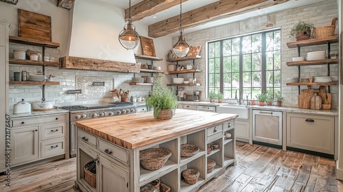 Watercolor farmhouse-style kitchen island with open shelving and rustic charm.