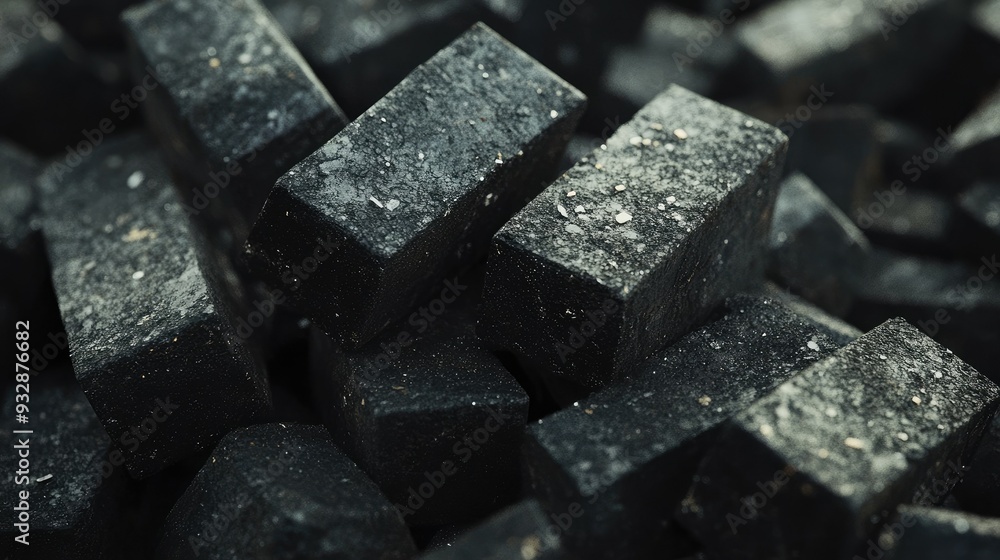 A close-up of coal briquettes neatly stacked, with dust and small fragments visible. No people, copy space A close-up of coal briquettes neatly stacked, with dust and small fragments visible. No people, copy space
