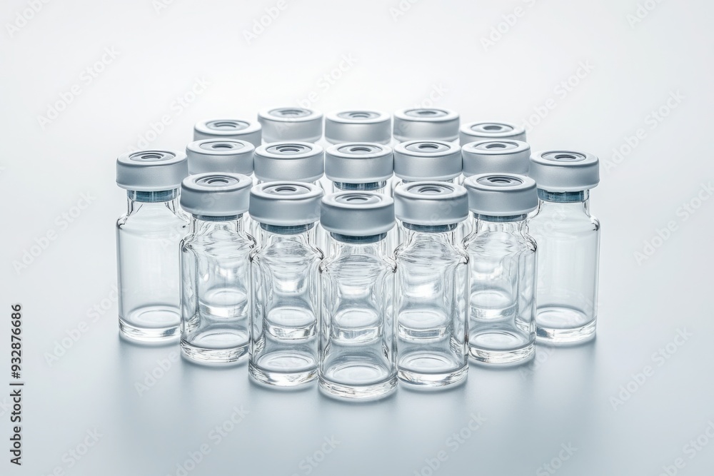 Group of empty glass vials arranged in rows Group of empty glass vials arranged in rows
