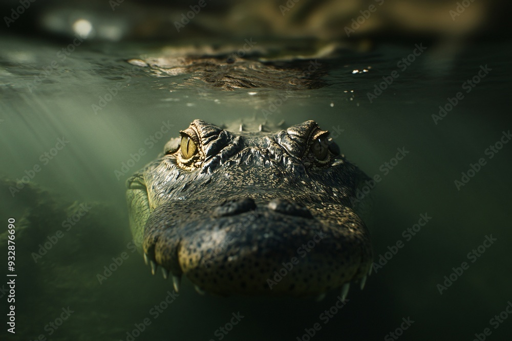 Fototapeta premium In a murky river, a crocodile lurks just below the surface, its eyes peeking above the water, Generated AI