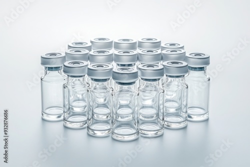 Group of empty glass vials arranged in rows