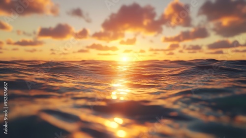 POV in the ocean at sunset with soft high clouds glowing yellow : Generative AI