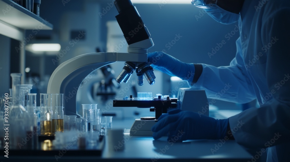 Scientist working in lab, using a microscope for research. A researcher in lab coat examines samples Scientist working in lab, using a microscope for research. A researcher in lab coat examines samples