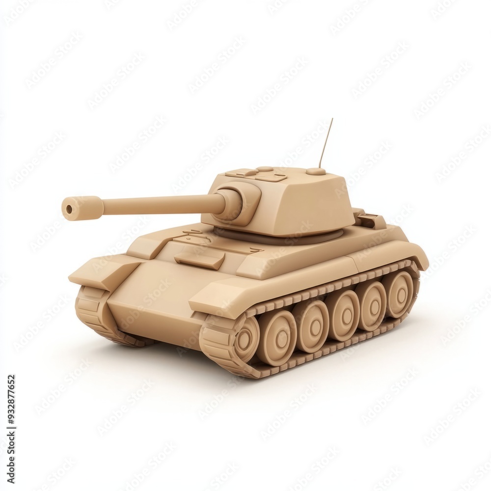 Fototapeta premium A beige tank-like toy, simple in structure, rendered in a C4D style, against a white background
