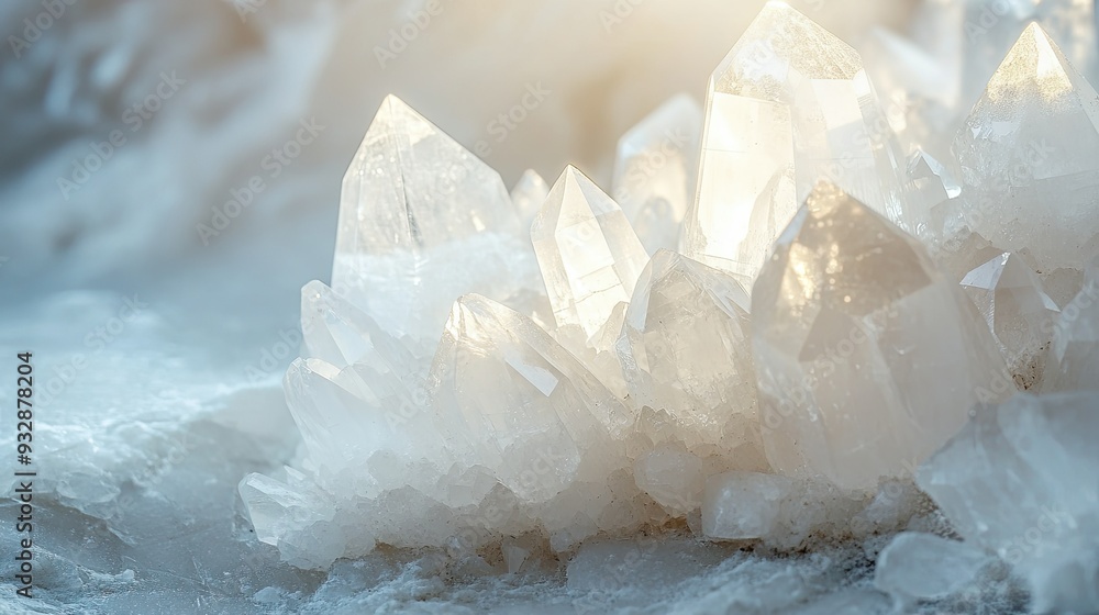 Gypsum crystals, white and translucent, delicately arranged on a soft surface, with light shining through. No people, copy space Gypsum crystals, white and translucent, delicately arranged on a soft surface, with light shining through. No people, copy space