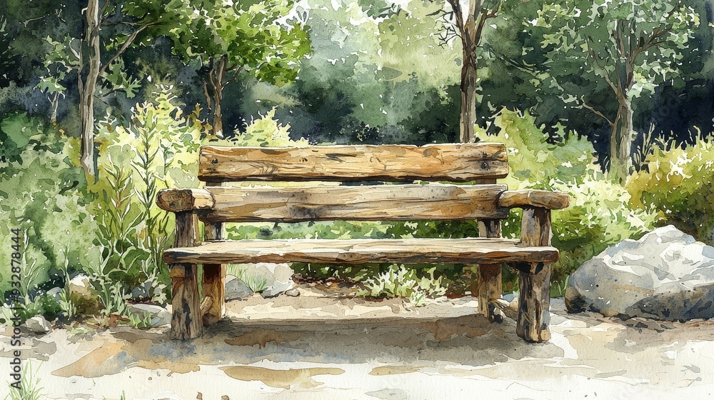 Watercolor rustic wooden bench with a natural finish, set in a garden. Watercolor rustic wooden bench with a natural finish, set in a garden.