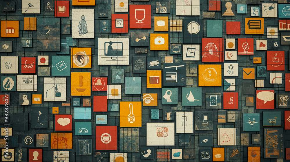 An artistic rendering of pictograms in a mosaic style, where each symbol contributes to a larger, cohesive image An artistic rendering of pictograms in a mosaic style, where each symbol contributes to a larger, cohesive image