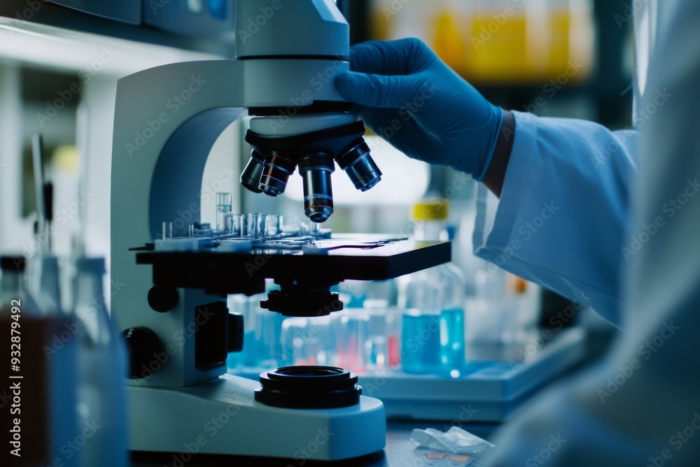 Scientist working in lab, using a microscope for research. A researcher in lab coat examines samples Scientist working in lab, using a microscope for research. A researcher in lab coat examines samples