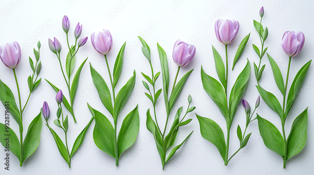 Delicate lilac and pistachio green spring leaves with tiny tulips on a white backdrop. Minimalistic, high resolution, clear sharp focus, hyper-detailed Delicate lilac and pistachio green spring leaves with tiny tulips on a white backdrop. Minimalistic, high resolution, clear sharp focus, hyper-detailed